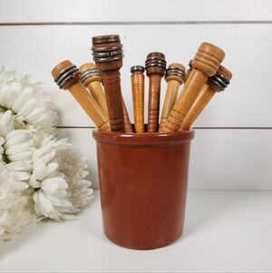 Vintage Red Brown Stoneware Crock Utensil Holder 5.25"- Open Canister Container